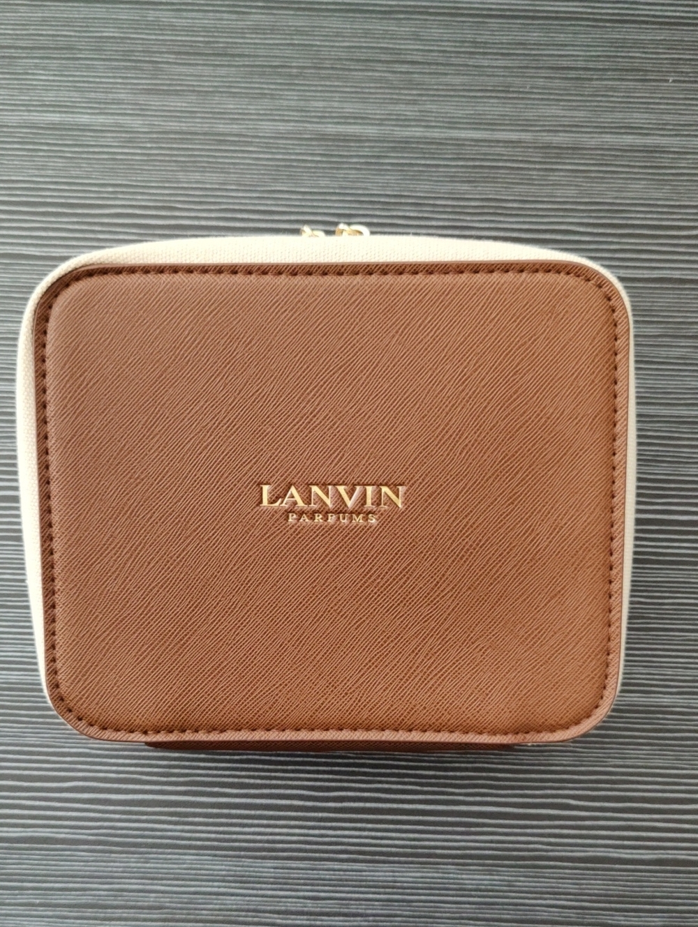 Lanvin Brown and Cream Saffiano Travel Case with Gold Logo